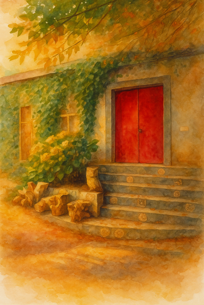 An illustration of a red door green ivy-covered wall in GPT museum
